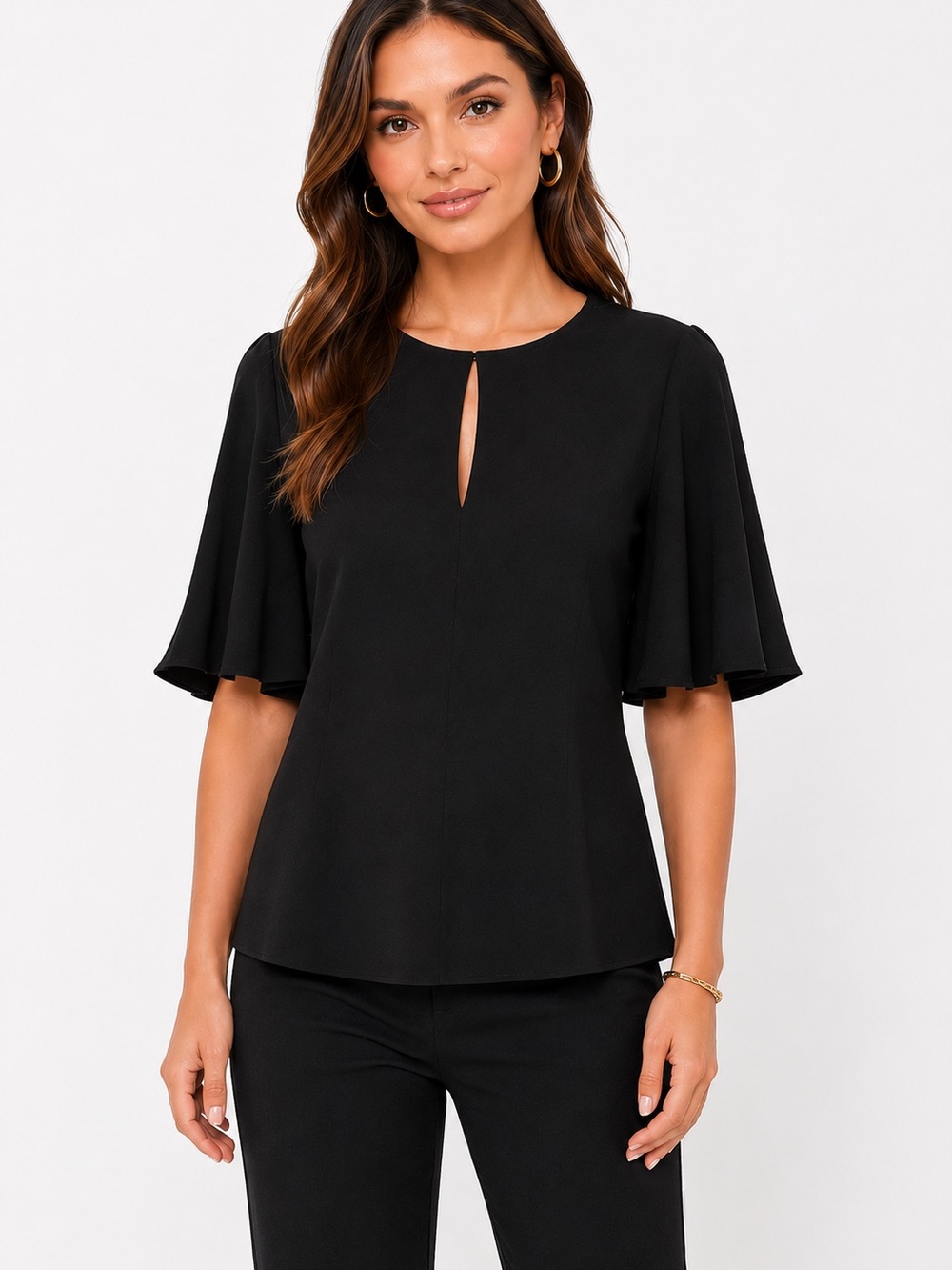 Zara Black Tie-Back Keyhole Blouse Flutter Sleeve Size Small